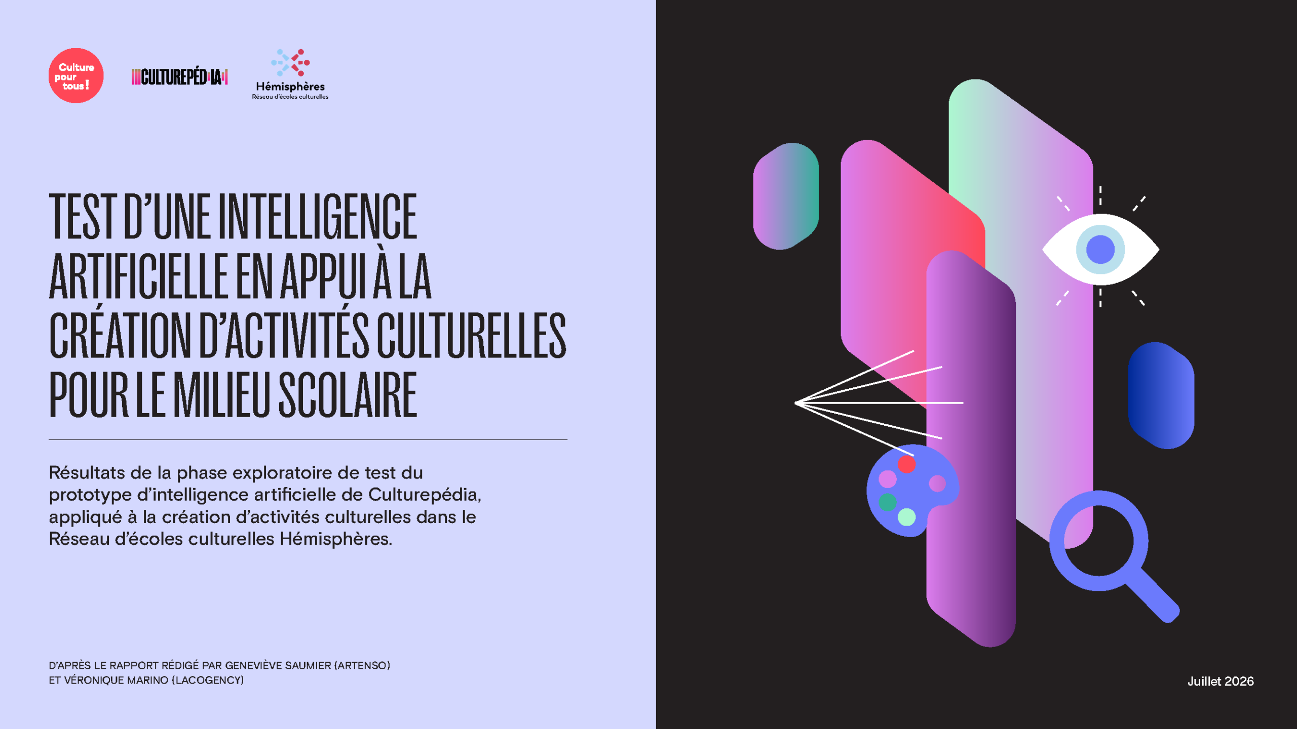 Page couverture du rapport "Test d'une intelligence artificielle en appui à la création d'activités culturelles pour le milieu scolaire"